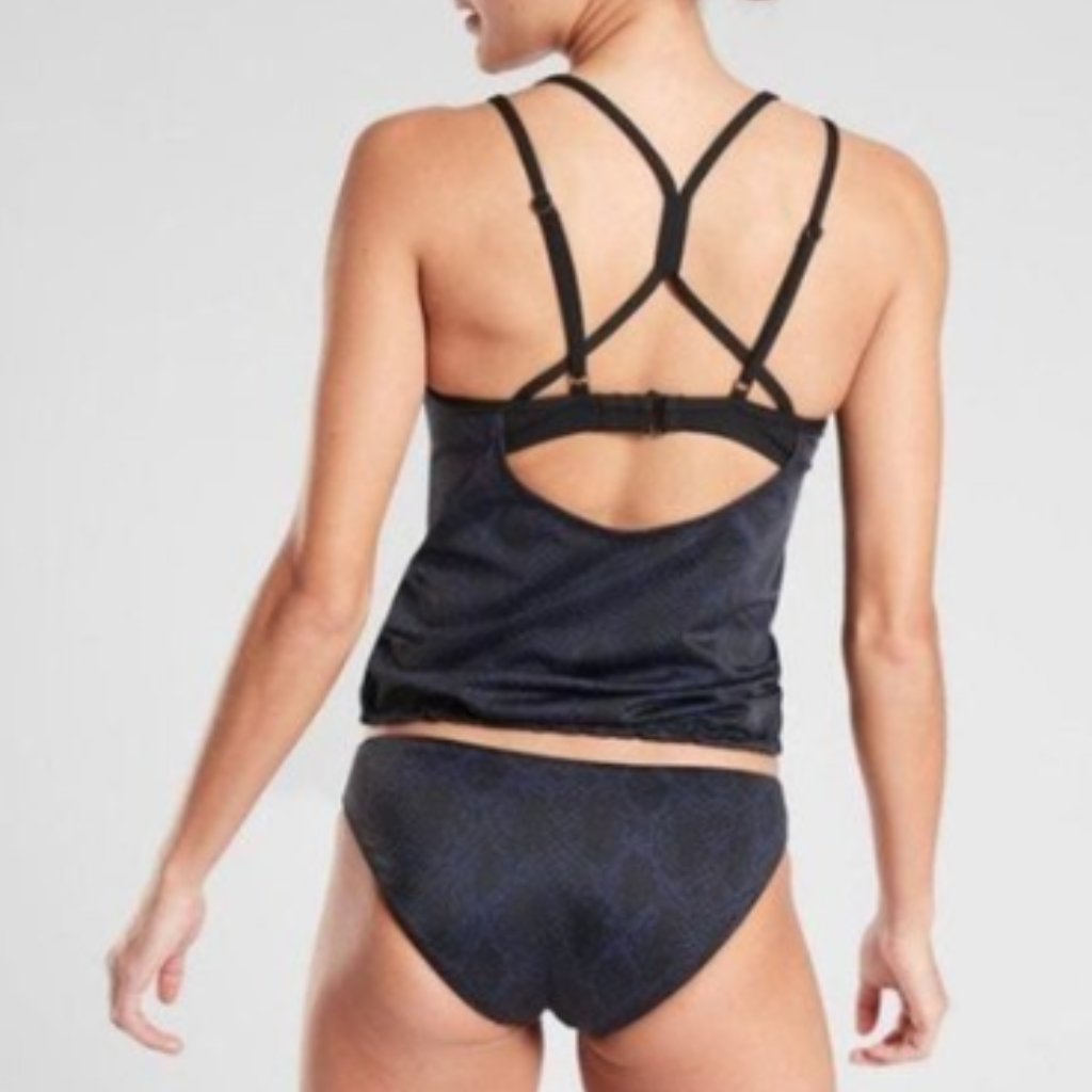 Athleta Underwire Bra Blousy Tankini Sporty 34b / 34c Black Navy Snake Print Upf